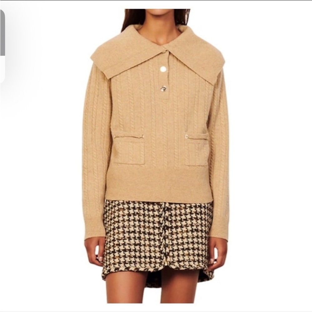 SANDRO Sweater Gotham Open Collar Cable Knit Wool Sweater NEW WITH TAGS Size 4